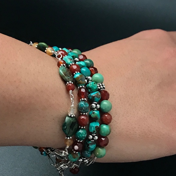 Turquoise, Carnelian and Andalusite Bracelet with Sterling  Turquoise, Carnelian & Silver Bracelet - NEW (C)